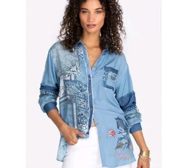 Johnny Was Women's BANDANA MIXUP Boho Button Down Big Shirt Loose Fit Medium - Picture 1 of 15